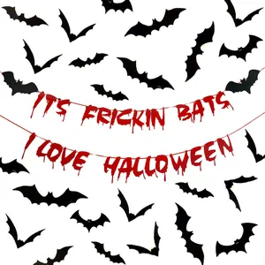 Halloween Decoration Set Glitter Bat Wall Stickers Blood Drip Letter Banner Its Frickin Bats I Love Halloween Party Decor Supplies