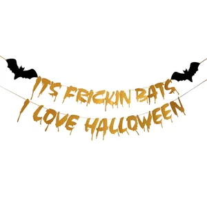 Glittery gold Halloween banner set with Its Frickin Bats and I Love Halloween text