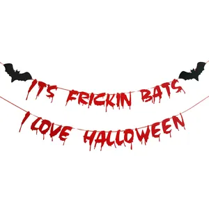 Halloween banner with red blood drip letters and black bats for party wall decoration