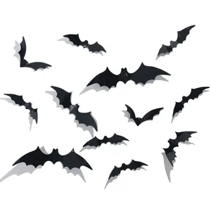 Detailed 3D black PVC bat wall stickers for Halloween with realistic folding wings effect