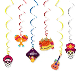 Κρεμαστά σπιράλ Dia de Muertos με πολύχρωμα σχέδια νεκροκεφαλής, κιθάρας και μαράκας