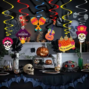 Dia de Muertos hanging swirl decorations featuring colorful skulls and guitars