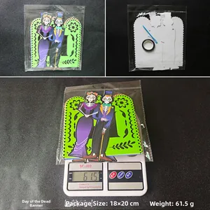 Day of the Dead skeleton banners set with packaging dimensions and 61.5g weight detail