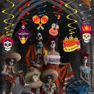 Detail of Día de Muertos hanging decorations with colorful spirals and skull cutouts