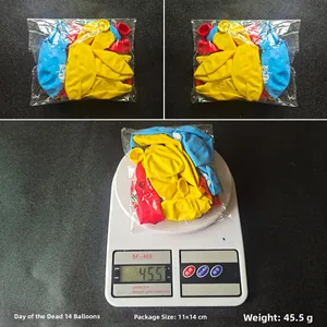 Detail view of 14-piece Day of the Dead latex balloons showing weight and package size