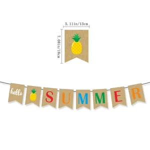 Hello Summer burlap banner with tropical pineapple graphics for Hawaiian party decor