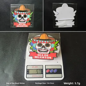 Detail view of Dia de Muertos skull cake topper with packaging and weight measurements