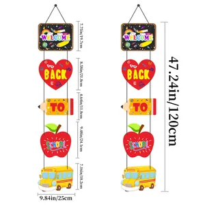 Vertical Welcome Back to School hanging banner with pencil, apple, and school bus icons