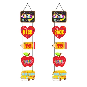 Vertical Welcome Back to School door banners with pencils and school bus decorations