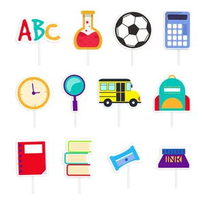 Colorful 12-piece back to school photo booth props set for party cake decoration