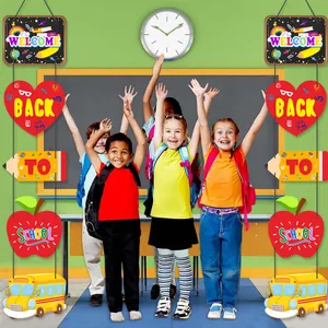 Vertical Welcome Back to School banner featuring pencil apple and school bus decorations
