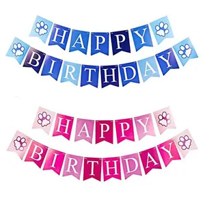 Bannières d'anniversaire pour chiens bleu et rose avec empreintes et dégradés colorés