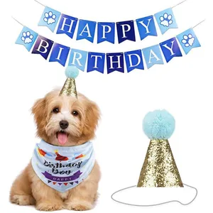 Kit d'anniversaire bleu pour chien avec bannière, chapeau brillant et bandana assorti