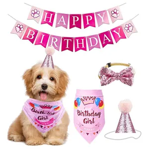 Kit anniversaire pour chien rose avec bannière Happy Birthday, chapeau et nœud papillon