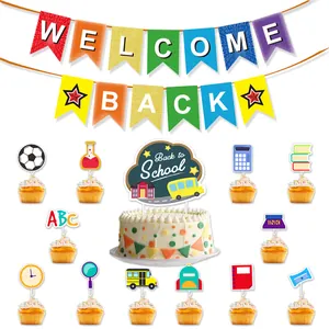 Detail of school party decor with Welcome Back banner and cute cupcake toppers
