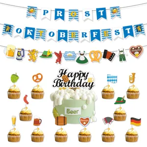 Oktoberfest Party Decoration Banner Cake Topper Cupcake Picks Hanging Spirals Bavarian Blue White Theme Party Supplies