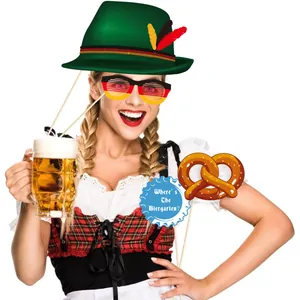 5-piece Oktoberfest photo booth props featuring hats, beer mugs and pretzel on sticks