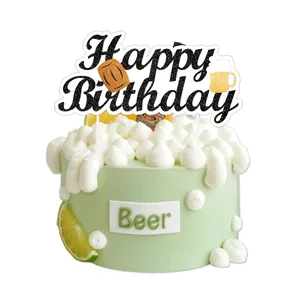 Glittery Happy Birthday cake topper set with beer mugs and whiskey bottle elements
