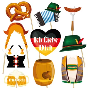 9-piece Oktoberfest photo booth props set with beer, pretzels and Bavarian hats on sticks