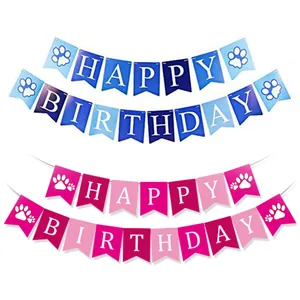 Bannière d'Anniversaire pour Animaux Patte de Chien Happy Birthday Guirlande Suspendue Drapeau en Queue d'Aronde Décorations de Fête