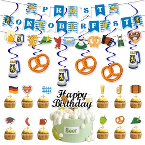Prost Oktoberfest party decoration set with banners, hanging swirls, and cupcake toppers