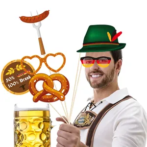Man holding Oktoberfest party props including beer mug, pretzel, and funny heart glasses