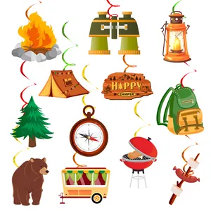 Decoraciones colgantes para fiesta de camping con 12 iconos de aventura al aire libre