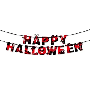 Bloody Happy Halloween banner with hanging tools and bats for spooky party decoration