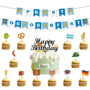 Blue and white Oktoberfest party kit with Prost banners and themed cake toppers