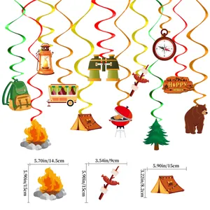 Decoraciones colgantes para fiesta de camping con hogueras, carpas y carteles Happy Camper