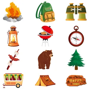 Detalle de 12 iconos de camping con tienda, fogata y cartel decorativo de Happy Camper
