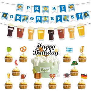 Oktoberfest party decoration kit with Prost banners, beer swirls, and festive cake toppers