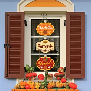 Three-tier Thanksgiving hanging sign with Thankful Grateful Blessed text and rustic pumpkins