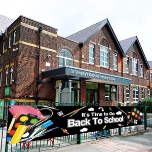 300x50cm Back to School banner with stationery icons hanging on a school fence