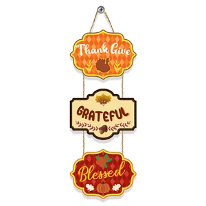 Three-tier Thanksgiving wooden hanging sign with Turkey, Grateful, and Blessed fall designs