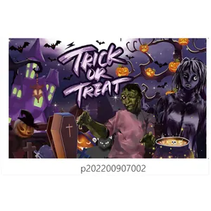 Detail of Halloween backdrop featuring Trick or Treat text with ghosts and pumpkins