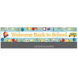 Detail of Back to School outdoor banner with colorful school bus and stationary illustrations