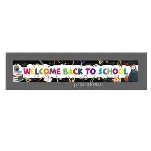 Detail of Welcome Back to School banner featuring school supplies on black background