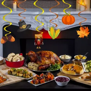 Thanksgiving party swirl decorations featuring pumpkins, turkeys, and autumn maple leaves
