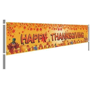 Bannière Happy Thanksgiving 300x50cm avec dinde et décor de jardin citrouille