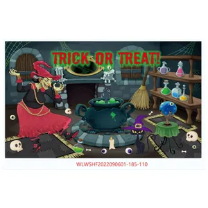 Detail of Halloween tapestry showing a witch, boiling cauldron, and black cat illustration