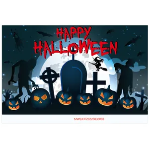 Close-up of Halloween backdrop featuring spooky pumpkin, full moon and vibrant scary graphics