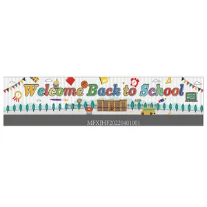 Detail of colorful Welcome Back to School banner with school bus and classroom illustrations