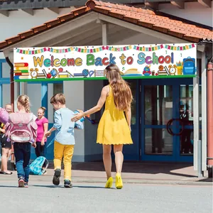 Outdoor banner Welcome Back to School with school supplies icons and students