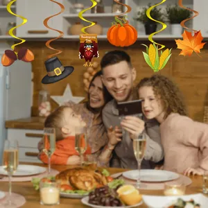 Detail of 6-piece Thanksgiving hanging swirls with turkey, pumpkin and maple leaf icons