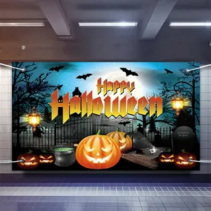 Detail showing metal eyelets and vibrant Halloween graphics on high-quality polyester backdrop