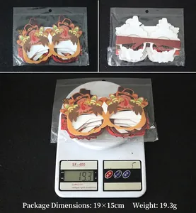 Detail view of colorful turkey-shaped Thanksgiving paper glasses with weight measurements