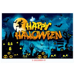 Halloween party backdrop with witch, dark castle and glowing pumpkins decoration
