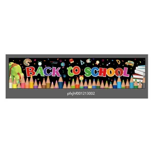 Macro shot of 300x50 Back to School banner with vibrant stationery and pencil graphics