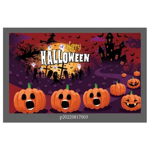 Macro detail of Halloween tapestry with pumpkins, ghosts and Happy Halloween art text